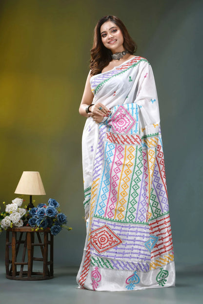 Powder white multi-thread silk gujrati stitch saree with mirror work white sari colorful geometric embroidery 5