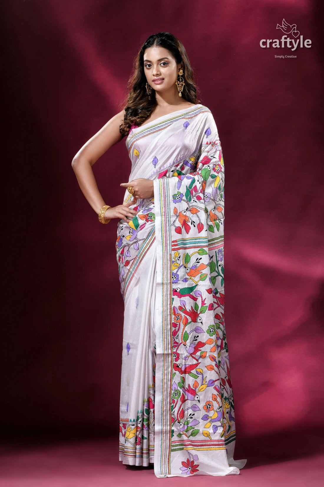 Powder white multicolor bird motif silk kantha saree woman white saree colorful floral 1
