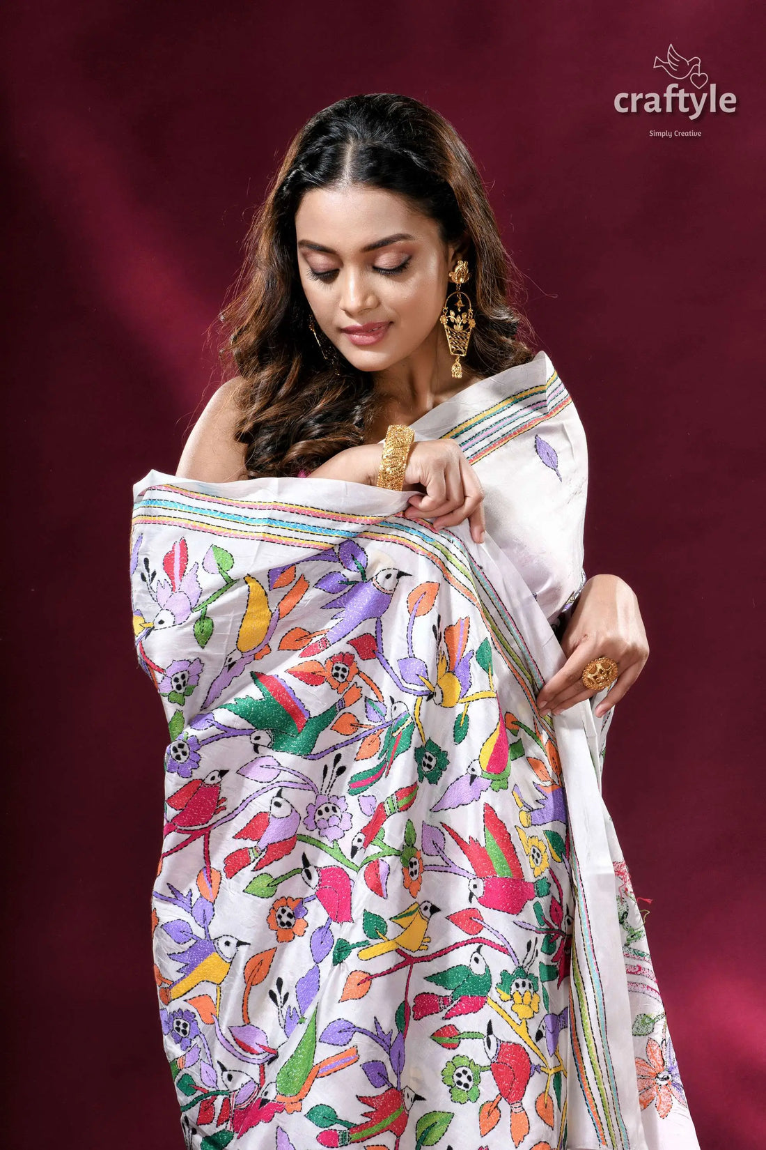 Powder white multicolor bird motif silk kantha saree white saree colorful bird floral 2