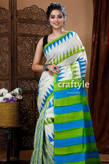 Poweder White Hand Block Pure Mulberry Silk Saree - Craftyle