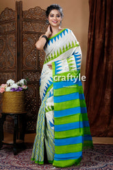 Poweder White Hand Block Pure Mulberry Silk Saree - Craftyle