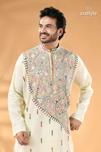 Power white kantha work ethnic cotton kurta for men reverse stitch men’s cream colored kurta colorful floral 2