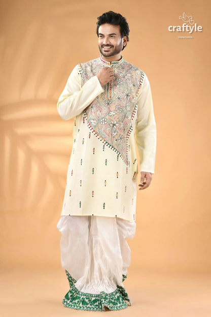 Power white kantha work ethnic cotton kurta for men reverse stitch men’s cream colored kurta intricate floral 5
