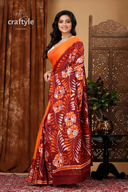 Premium cotton batik saree with alpana design - handcrafted luxury woman orange maroon floral saree 3