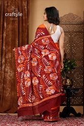 Premium cotton batik saree with alpana design - handcrafted luxury maroon orange floral batik saree 5