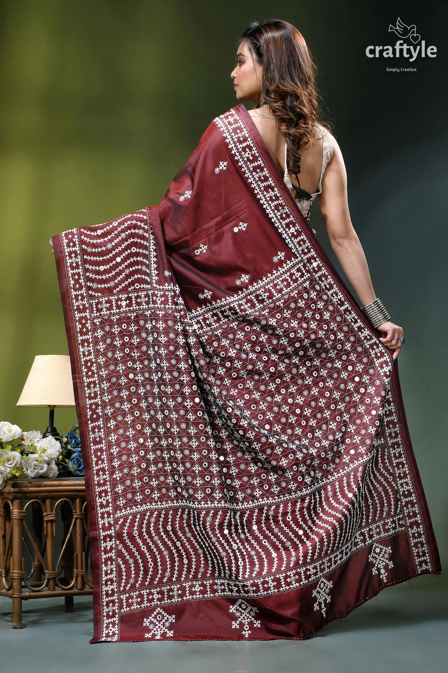 Premium gujrati stitch silk sari in wine color - mirror work maroon silk saree intricate white 4