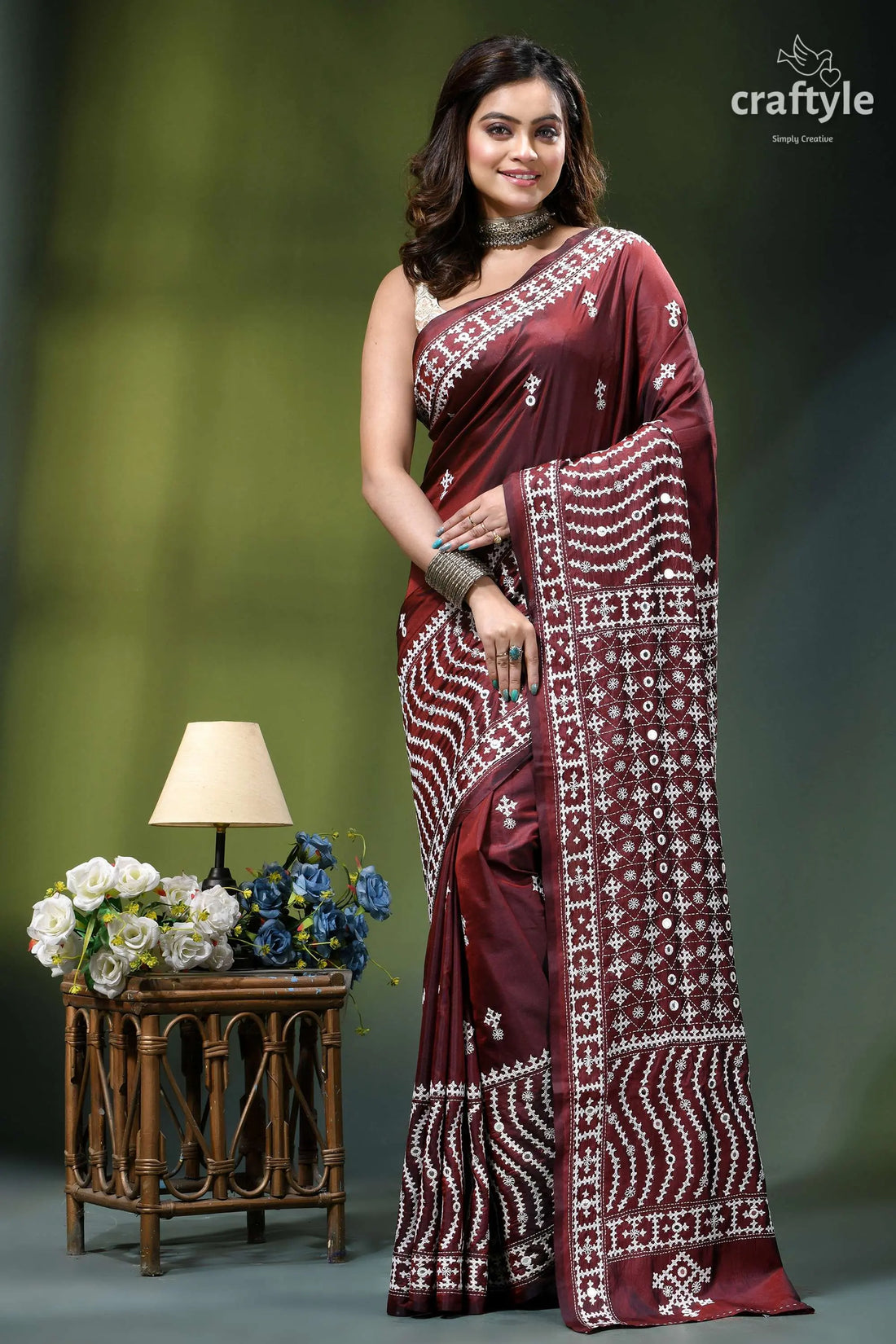 Premium gujrati stitch silk sari in wine color - mirror work maroon silk saree intricate white 1