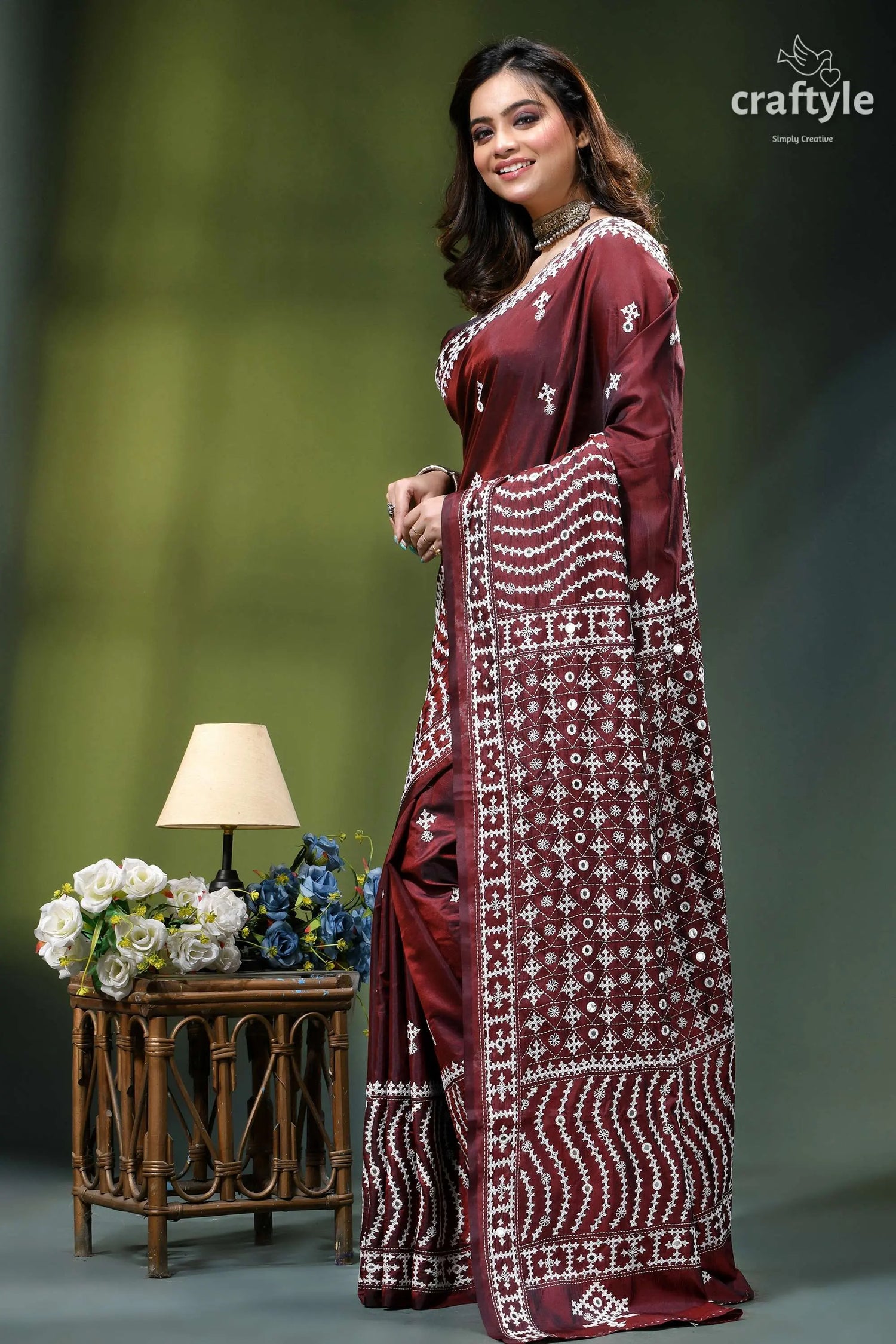 Premium gujrati stitch silk sari in wine color - mirror work maroon silk saree intricate white 3