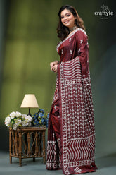 Premium gujrati stitch silk sari in wine color - mirror work maroon silk saree intricate white 3