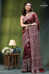 Premium gujrati stitch silk sari in wine color - mirror work maroon silk saree adorned intricate 5