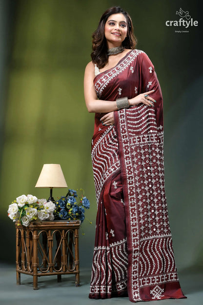 Premium gujrati stitch silk sari in wine color - mirror work maroon silk saree adorned intricate 5