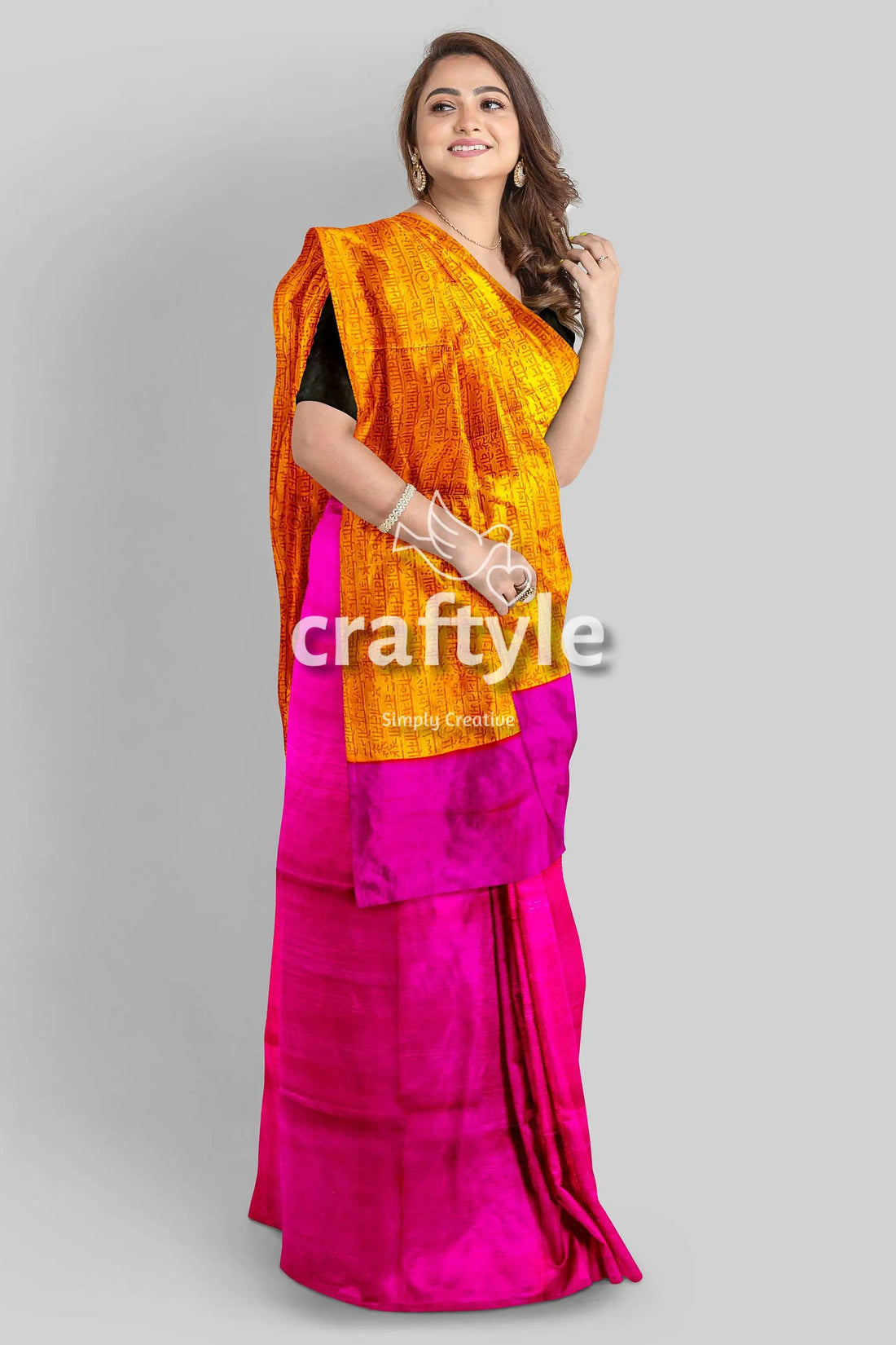 Princeton orange and magenta hand block print saree in pure mulberry silk woman yellow pink saree 1