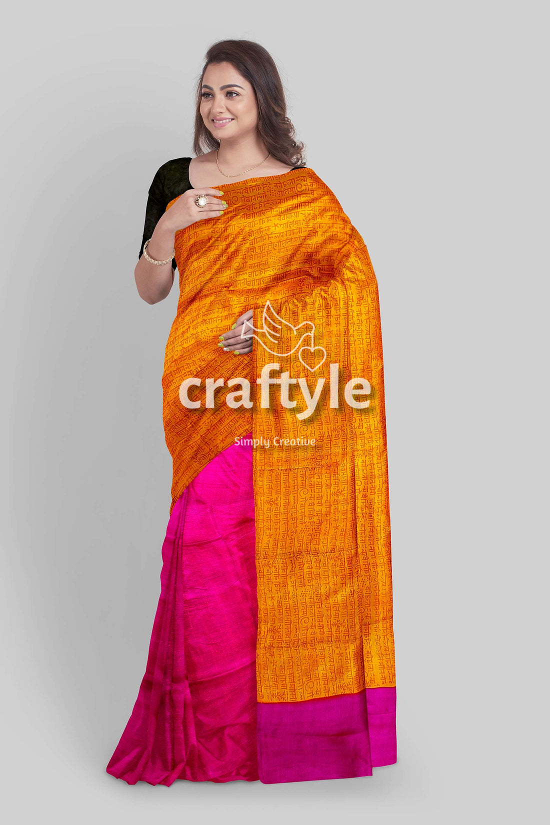 Princeton Orange and Magenta Hand Block Print Saree in Pure Mulberry Silk - Craftyle