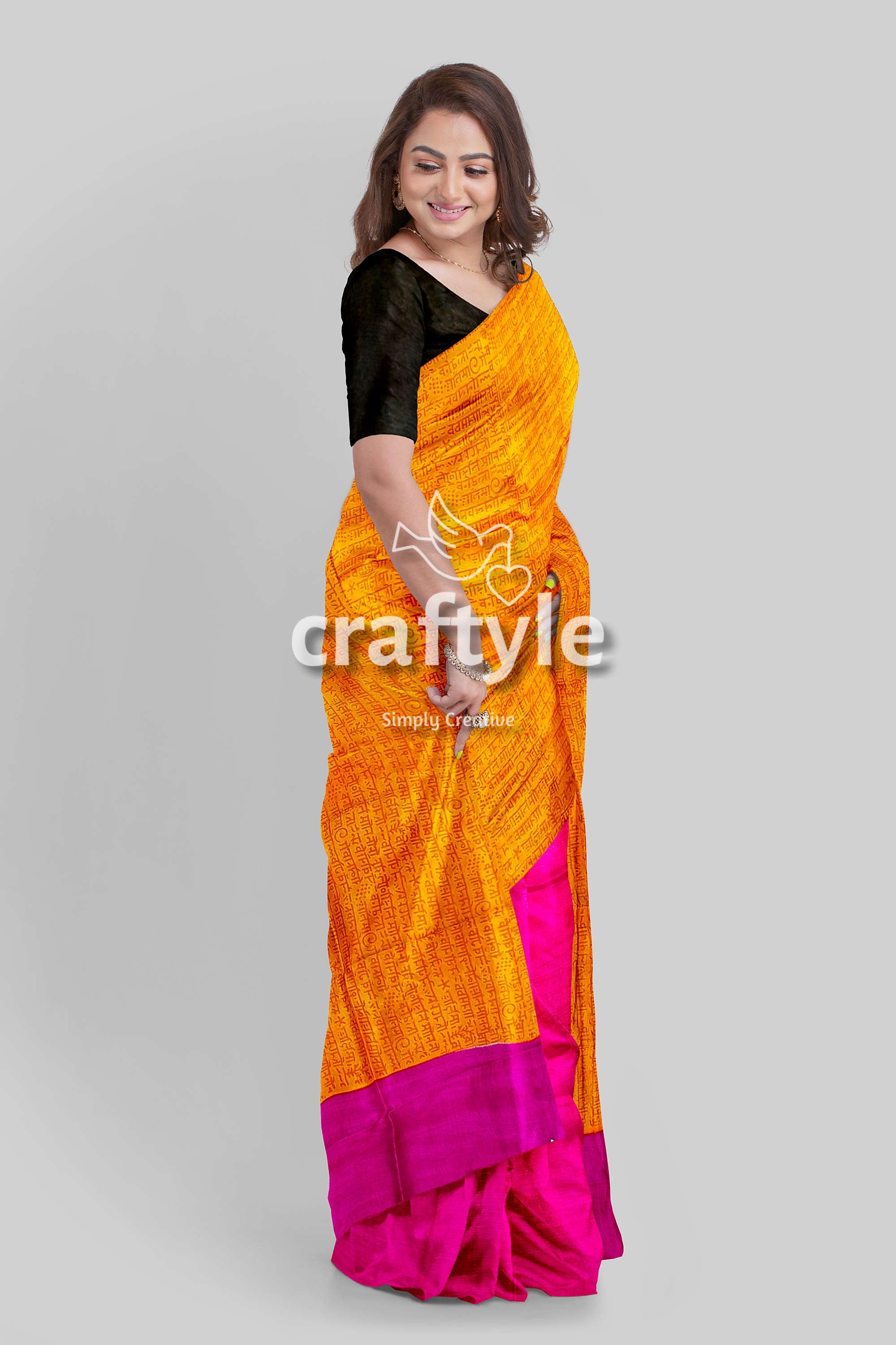 Princeton Orange and Magenta Hand Block Print Saree in Pure Mulberry Silk - Craftyle