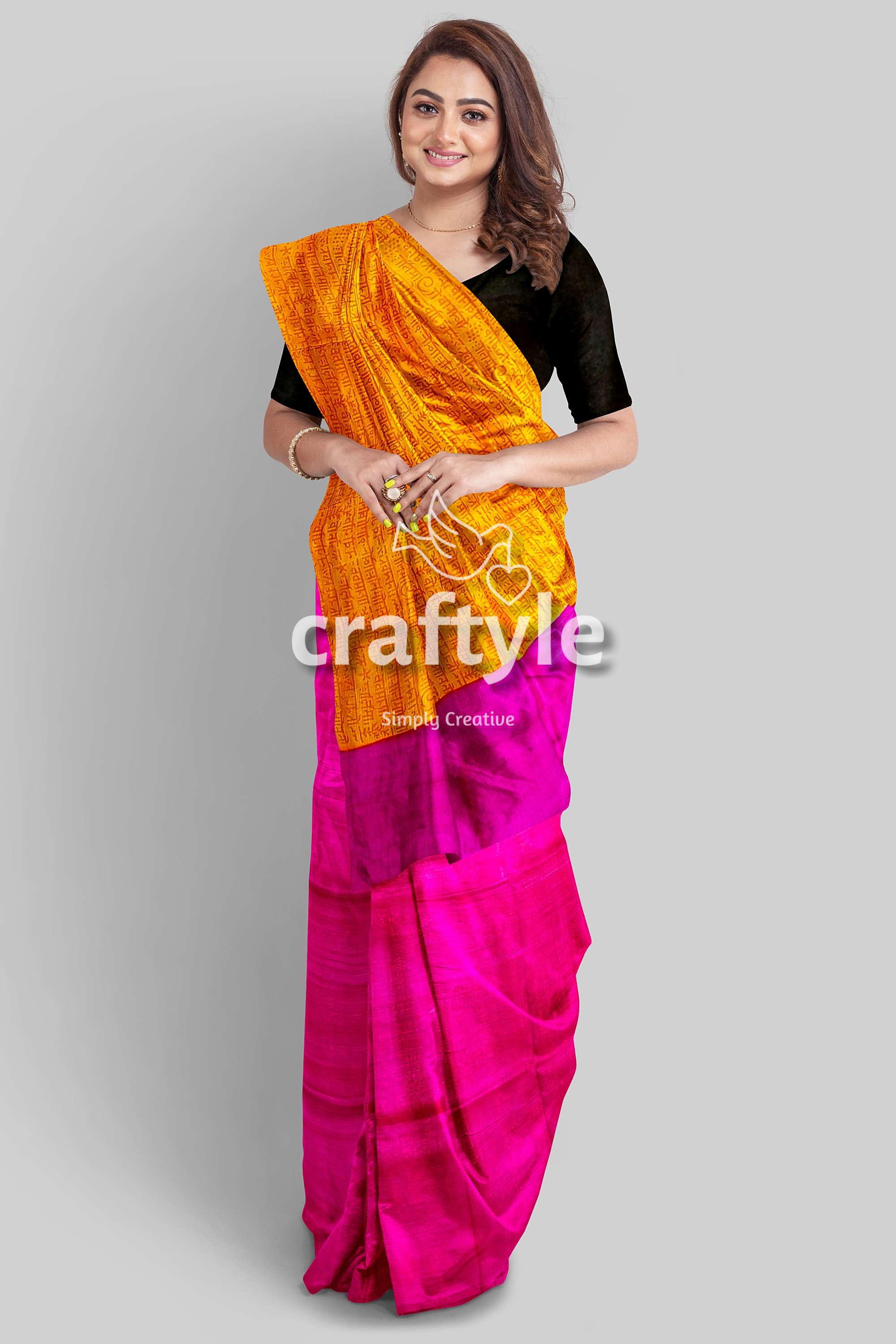 Princeton Orange and Magenta Hand Block Print Saree in Pure Mulberry Silk - Craftyle