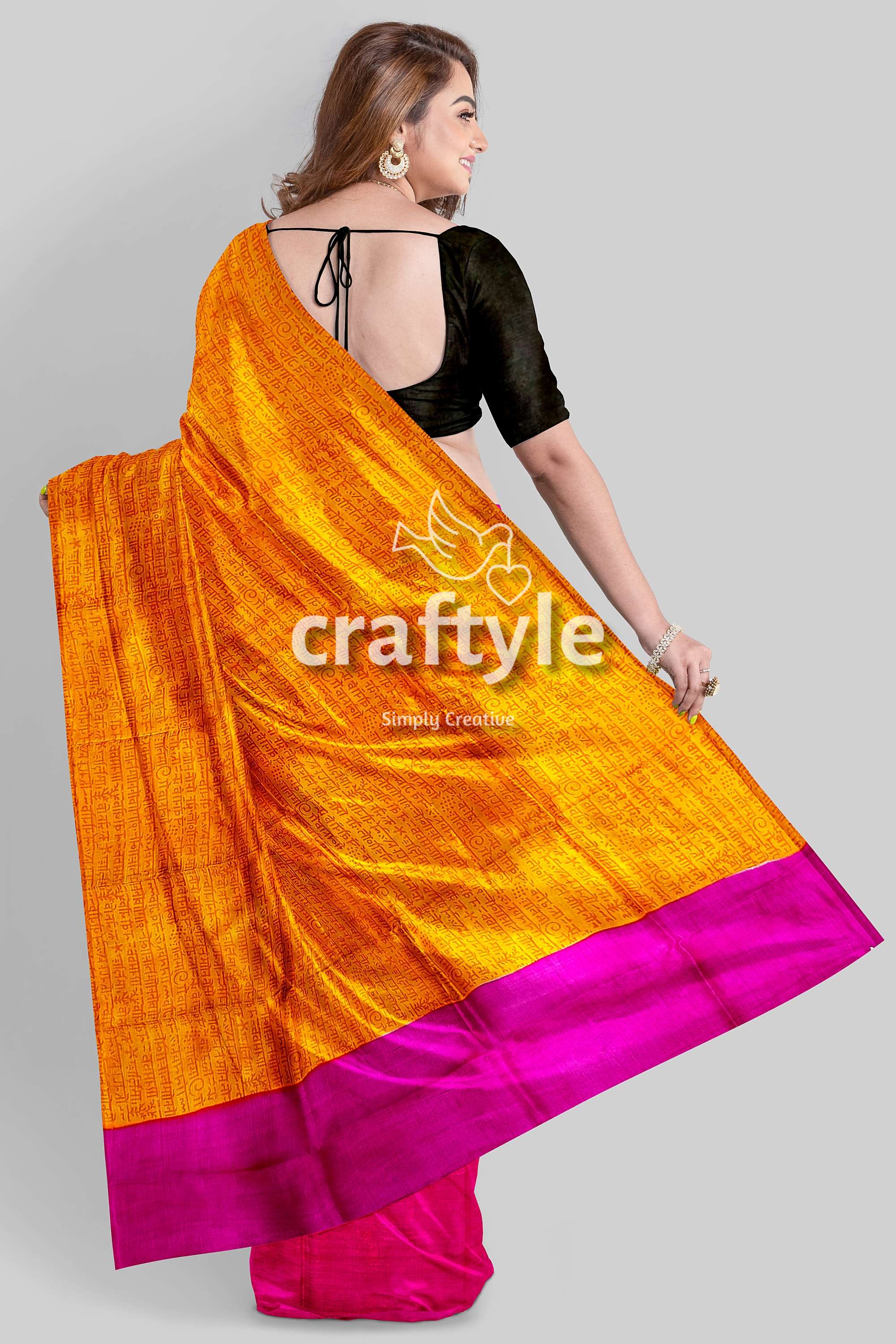 Princeton Orange and Magenta Hand Block Print Saree in Pure Mulberry Silk - Craftyle