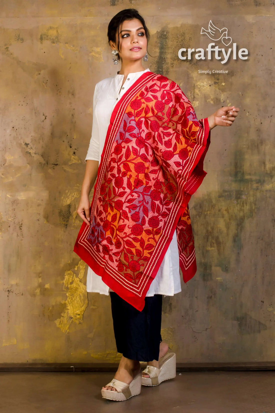 Pure silk embroidered kantha stole woman red floral dupatta 1