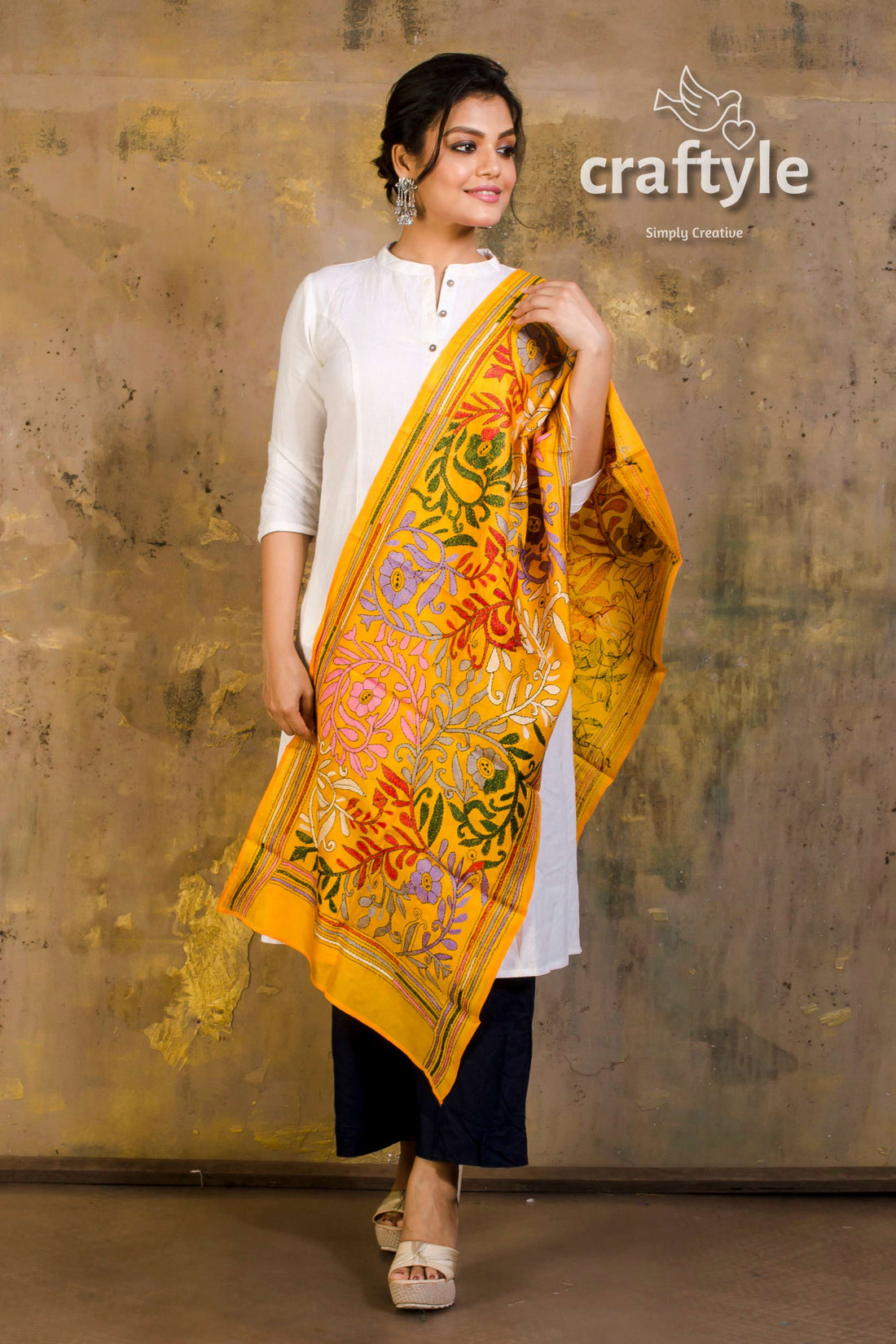 Pure Silk Embroidered Kantha Stole - Craftyle
