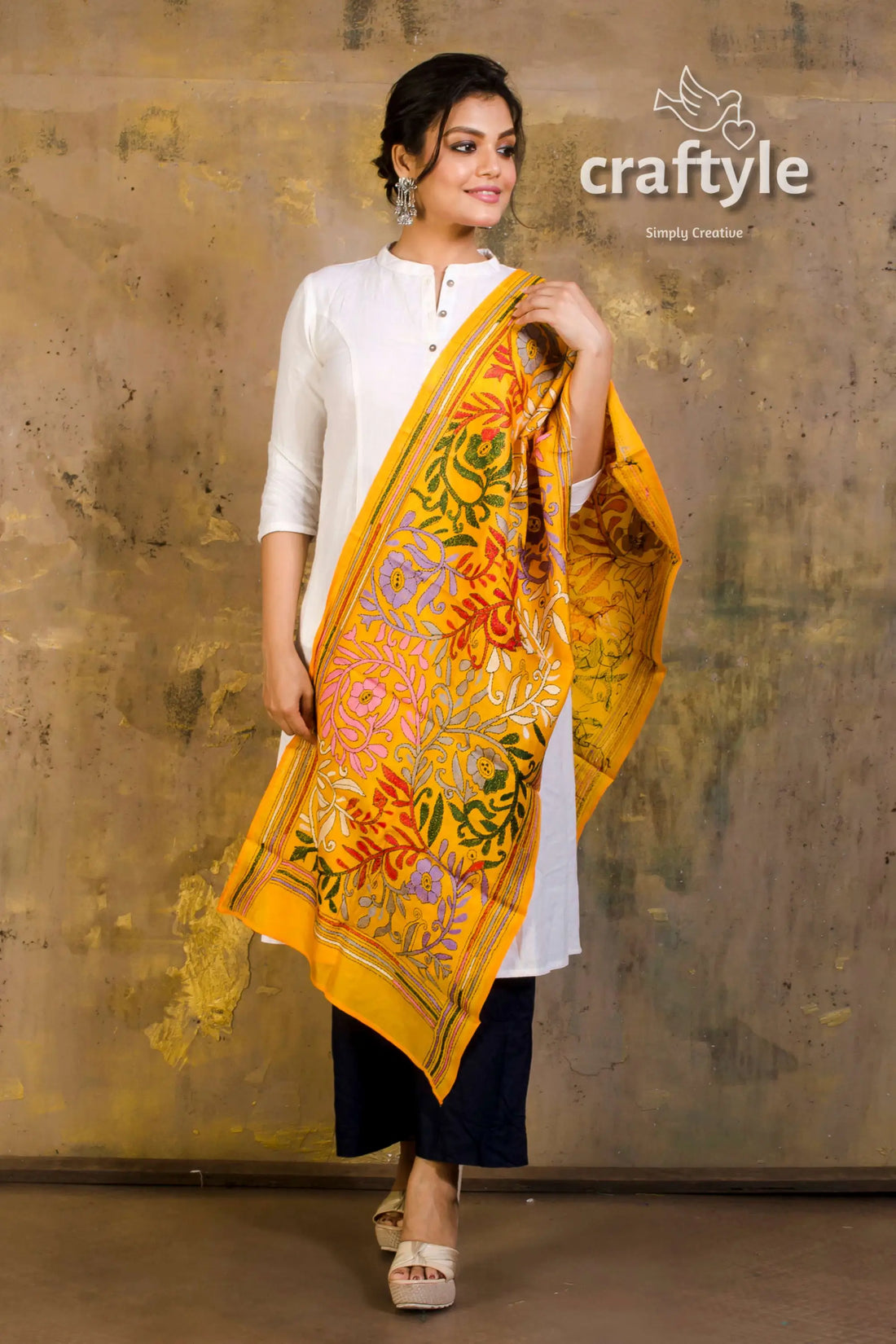 Pure silk embroidered kantha stole woman yellow patterned shawl 1