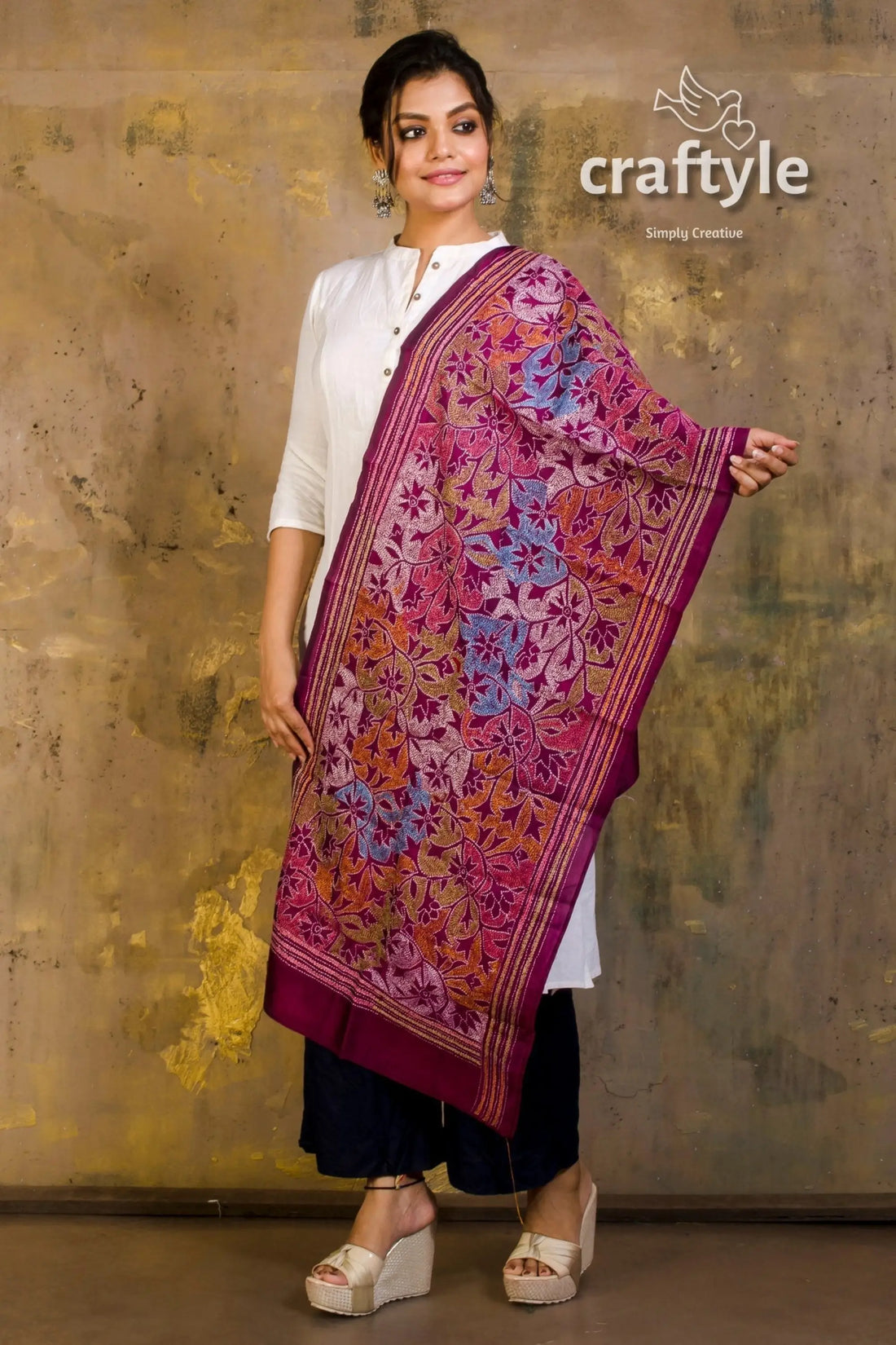 Pure Silk Embroidered Kantha Stole - Craftyle