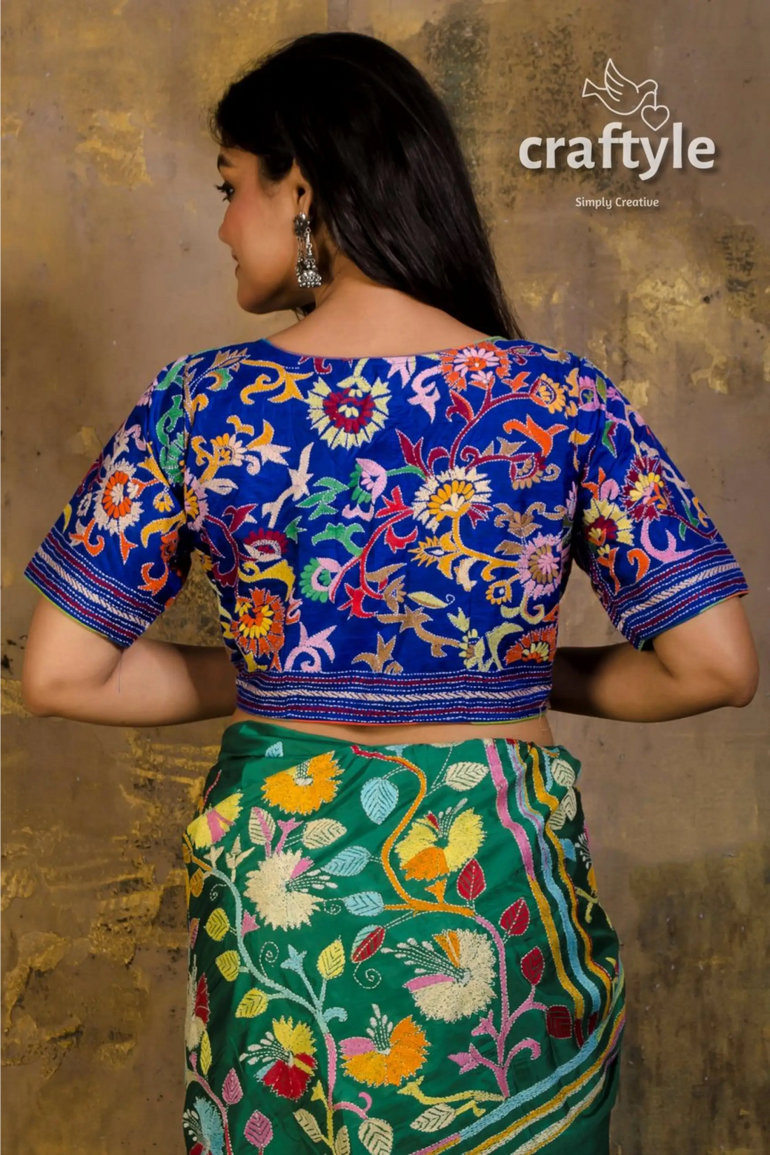 Pure silk kantha stitch blouse embroidered blue blouse green sari 2