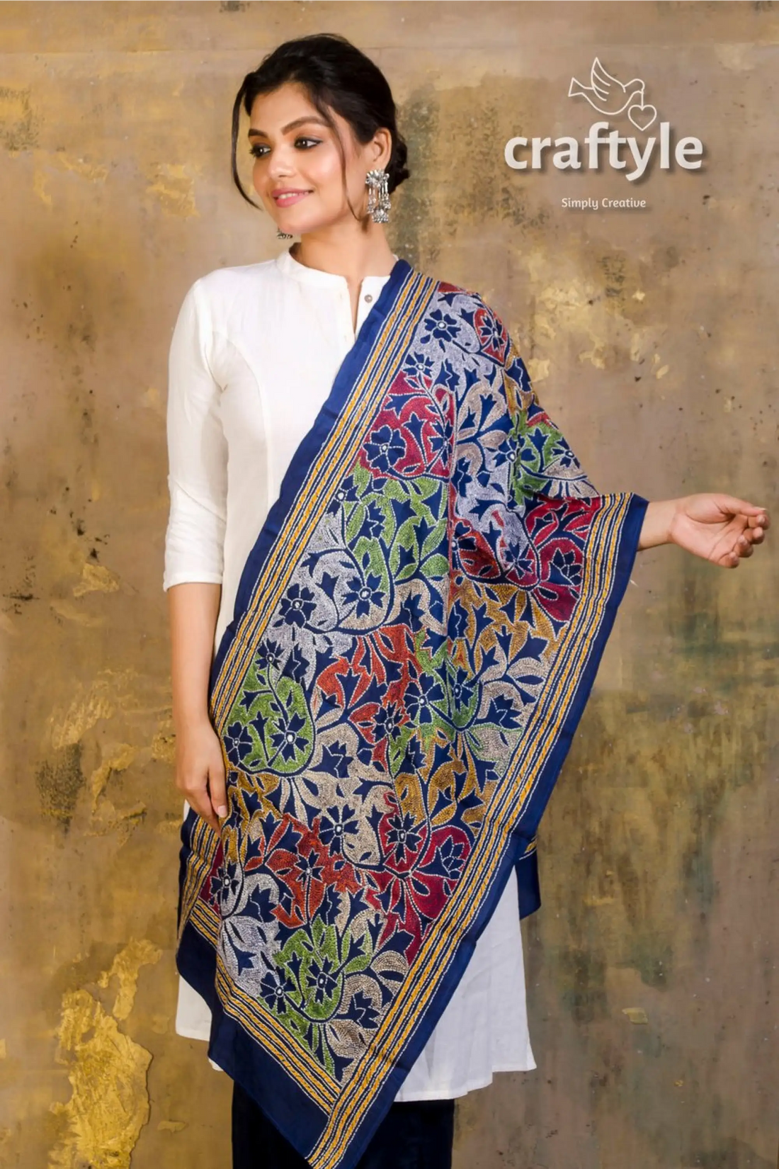 Pure silk kantha stitch stole floral embroidered shawl 2