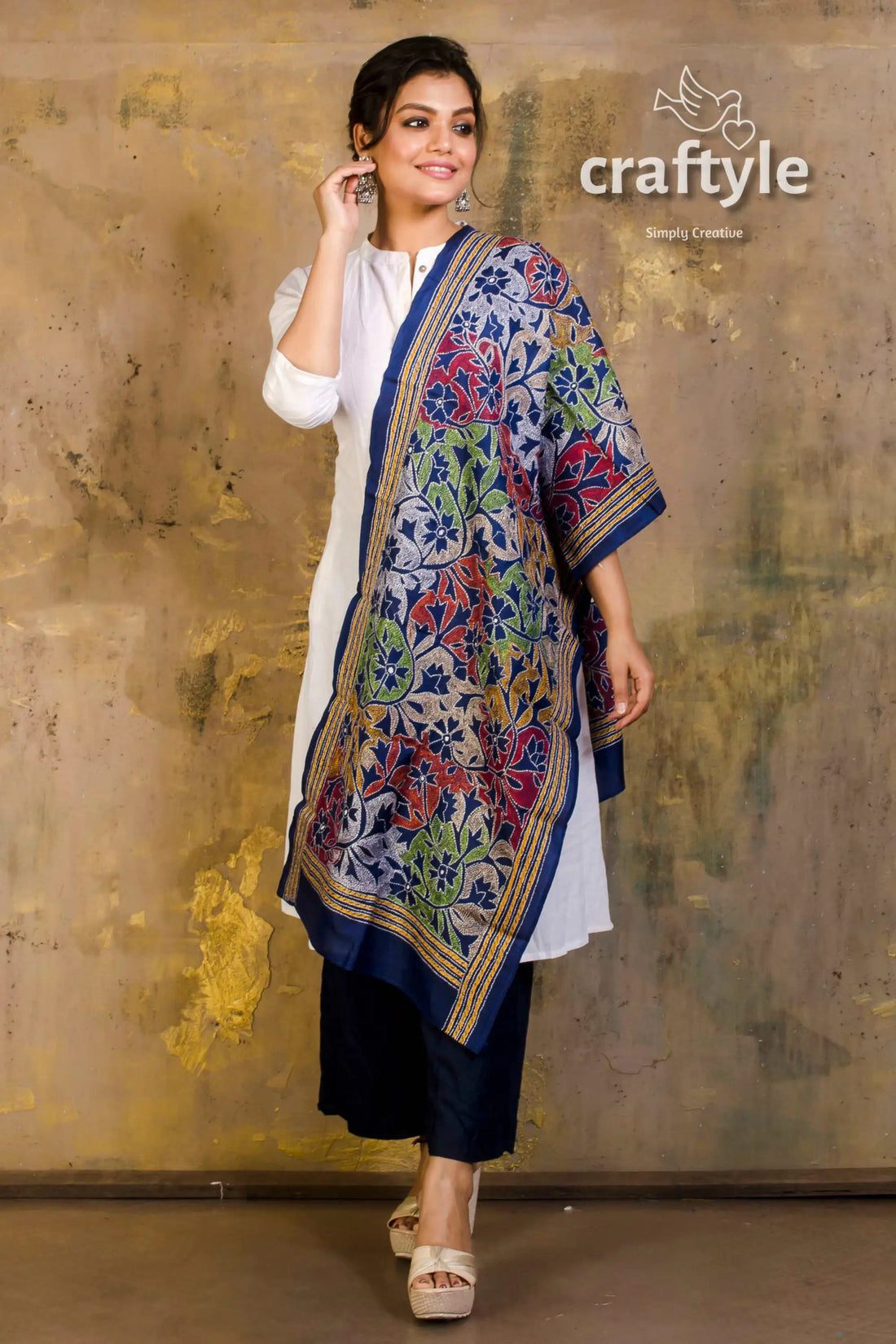 Pure silk kantha stitch stole woman’s colorful floral shawl 1