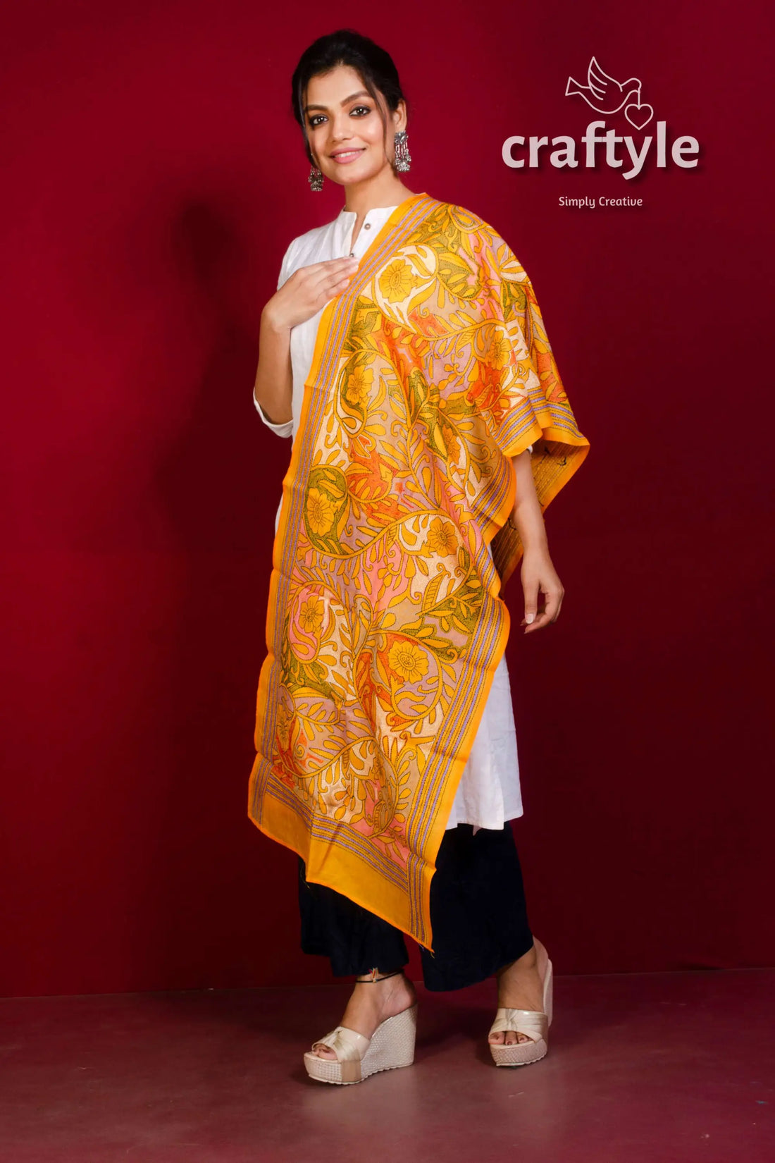 Pure silk kantha stitch stole woman yellow patterned shawl 1