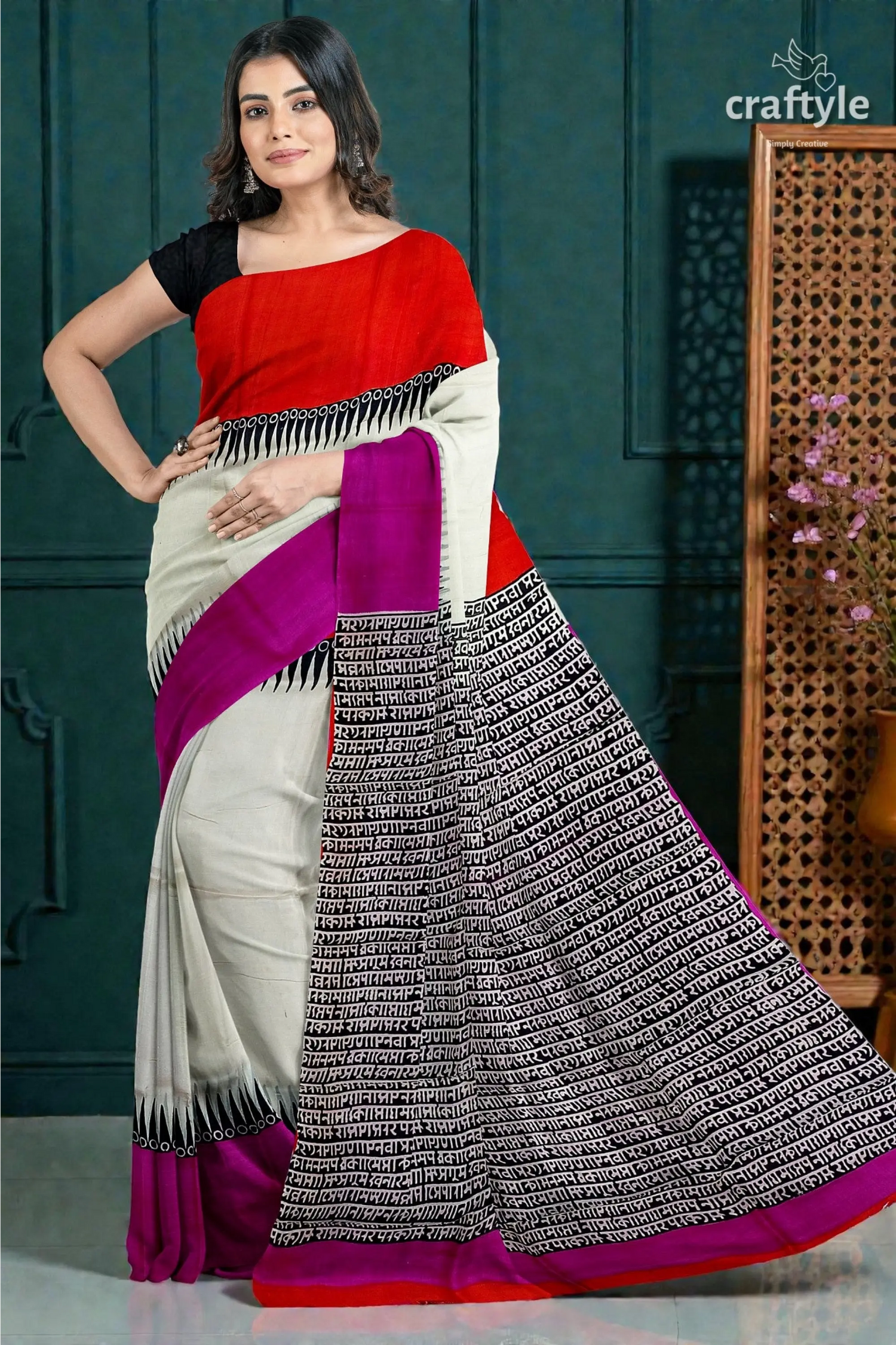 Pure silk mulberry saree multicolor ganga yamuna hand-block print design 4