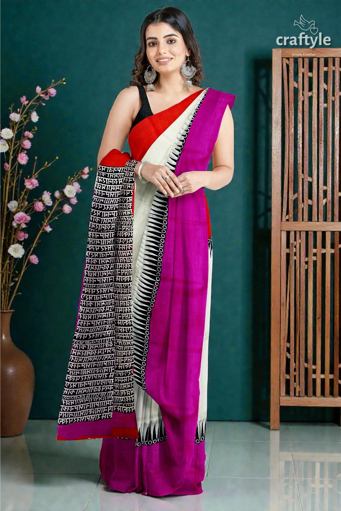 Pure silk mulberry saree multicolor ganga yamuna hand-block print design 1