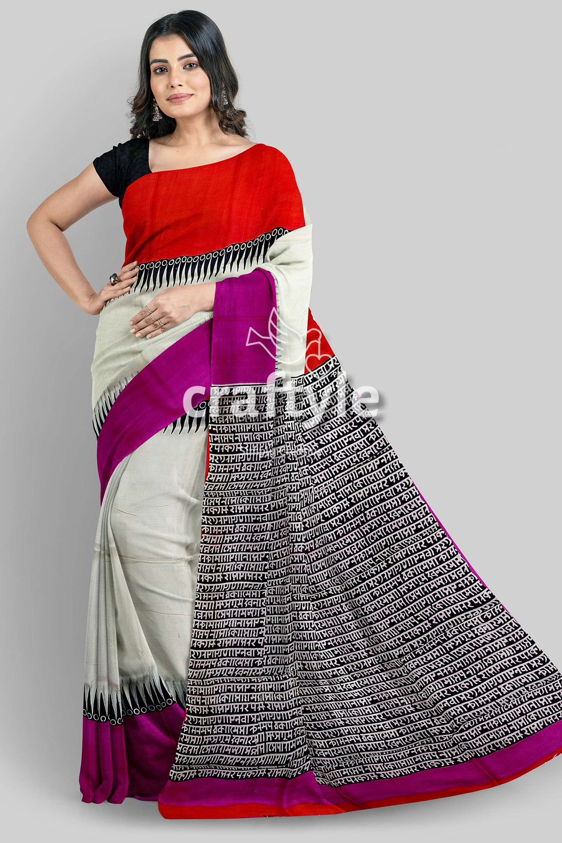 Pure Silk Mulberry Saree Multicolor Ganga Yamuna Hand-Block Print Design - Craftyle