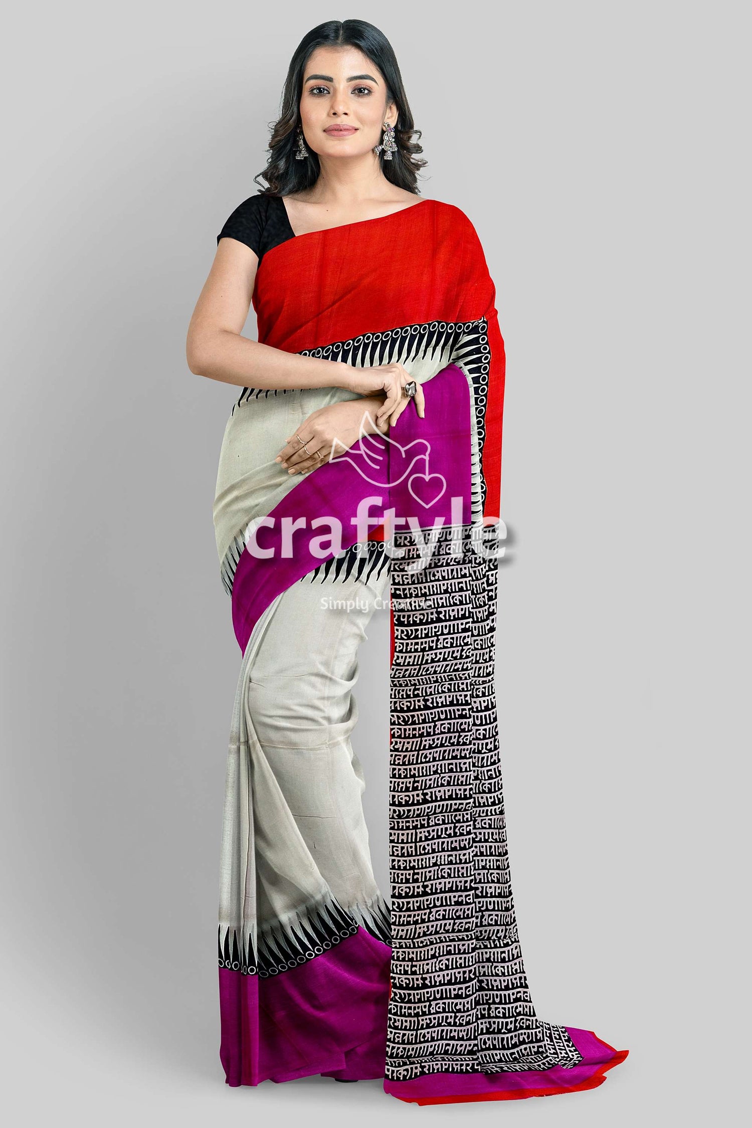Pure Silk Mulberry Saree Multicolor Ganga Yamuna Hand-Block Print Design - Craftyle