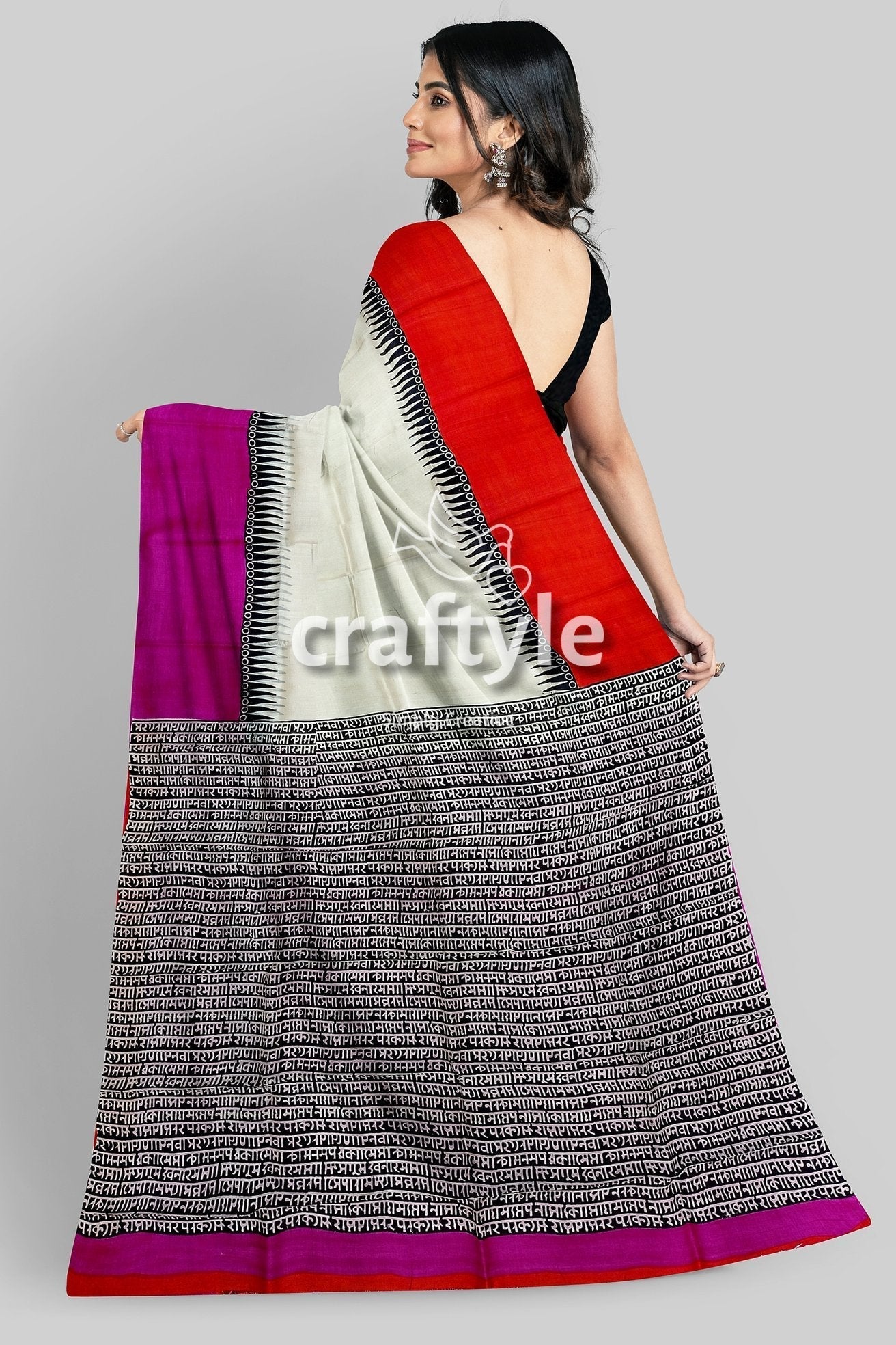 Pure Silk Mulberry Saree Multicolor Ganga Yamuna Hand-Block Print Design - Craftyle