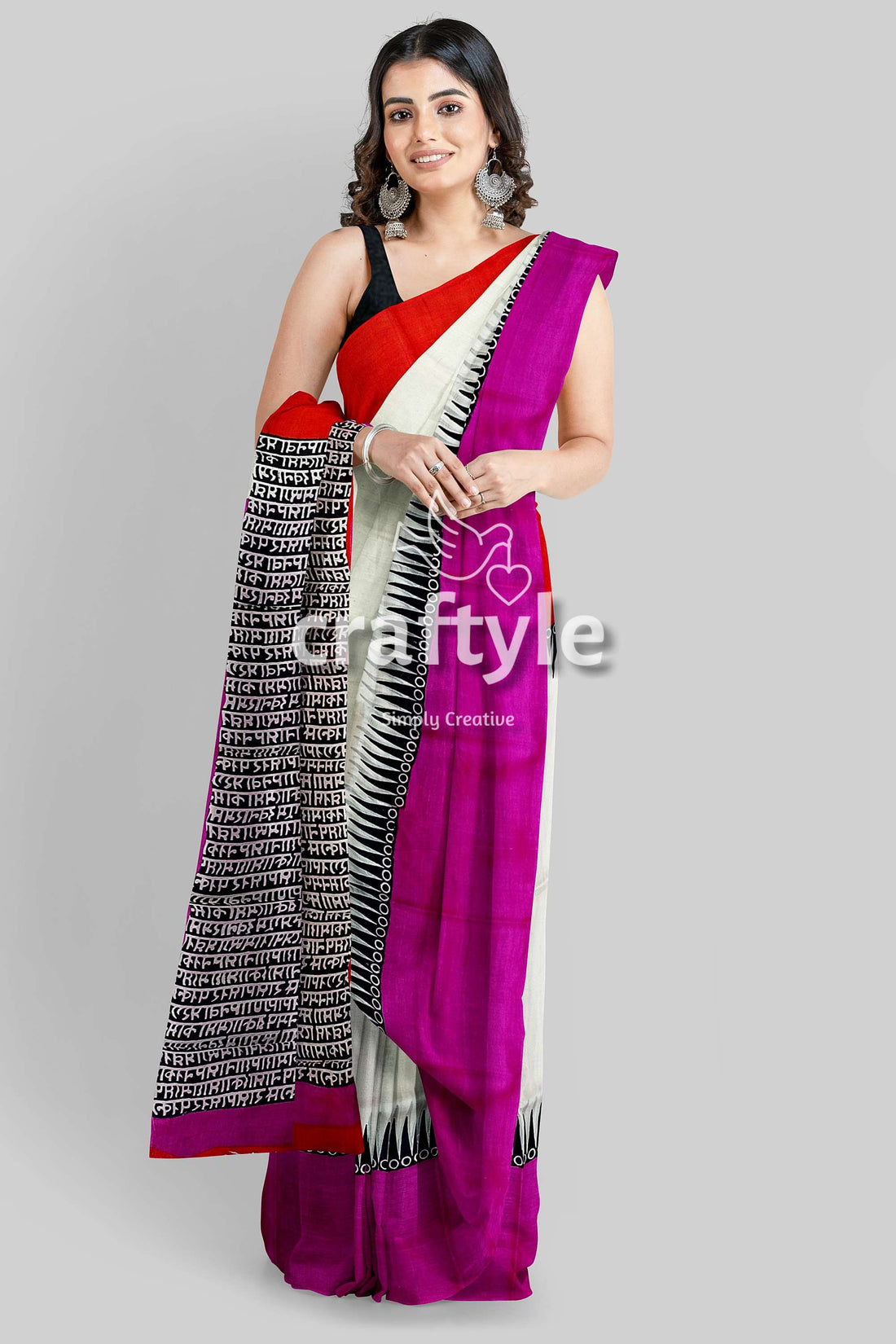 Pure Silk Mulberry Saree Multicolor Ganga Yamuna Hand-Block Print Design - Craftyle