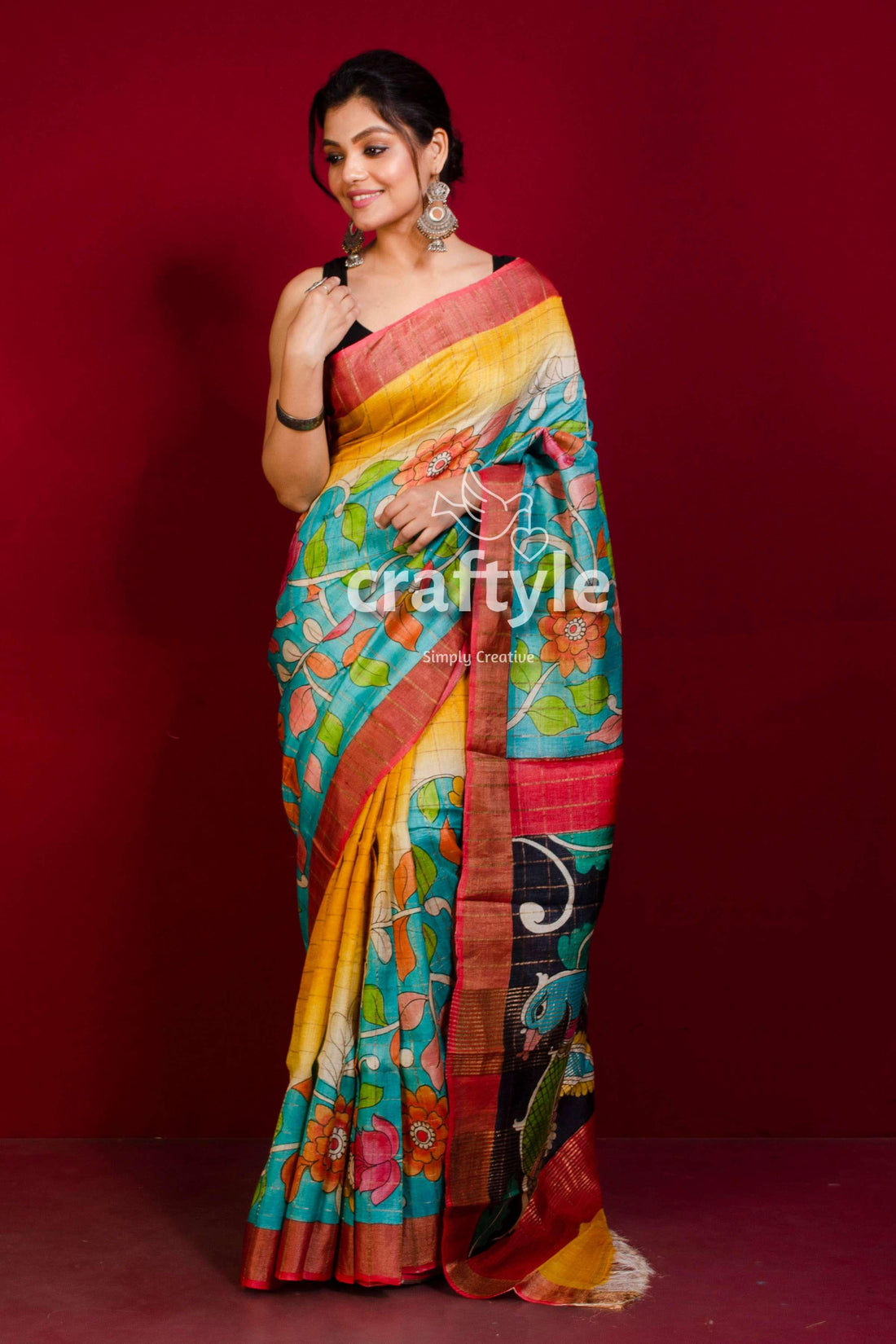 Pure Tussar Kalamkari Hand Painted Saree - Sea Green with Zari Border-Craftyle