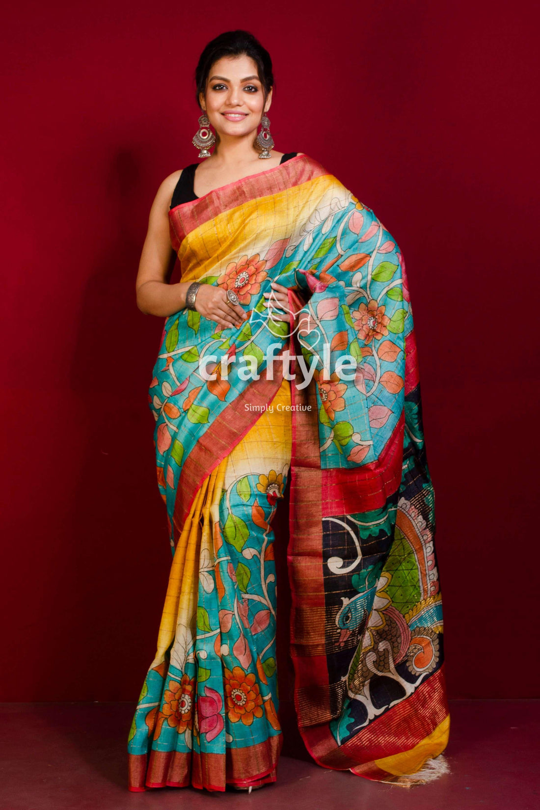 Pure Tussar Kalamkari Hand Painted Saree - Sea Green with Zari Border-Craftyle