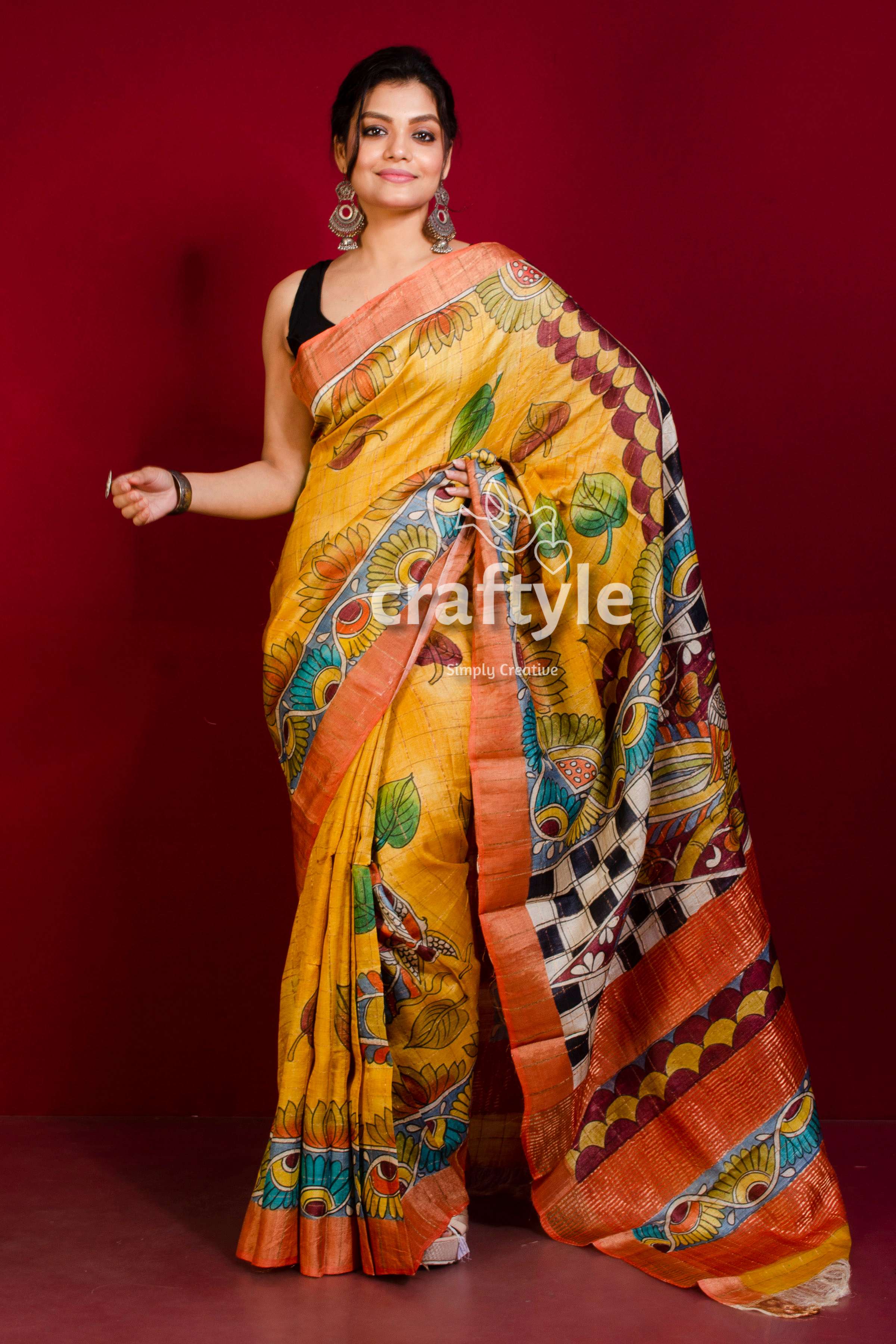 Pure Tussar Kalamkari Saree - Hand Painted with Zari Border in Orange Yellow - Craftyle