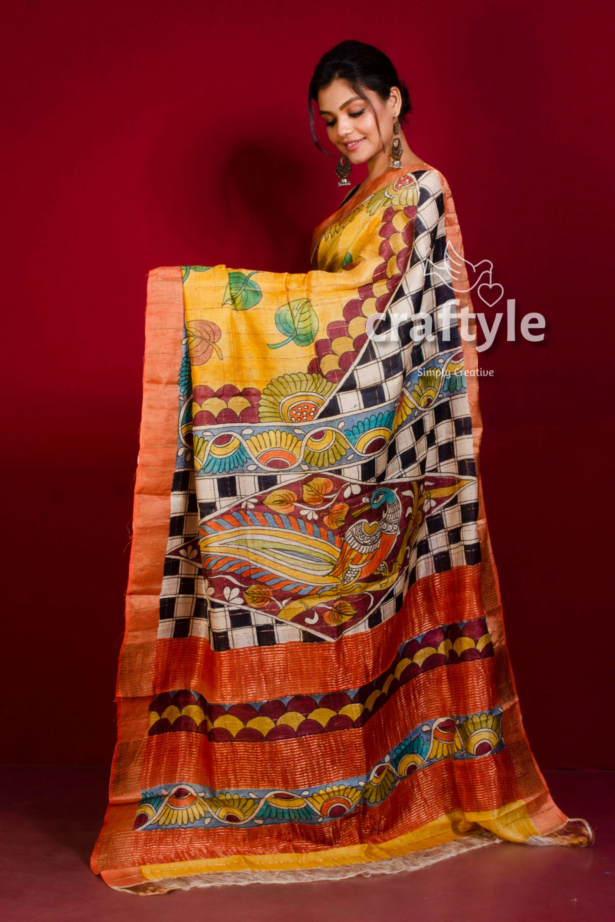 Pure Tussar Kalamkari Saree - Hand Painted with Zari Border in Orange Yellow - Craftyle