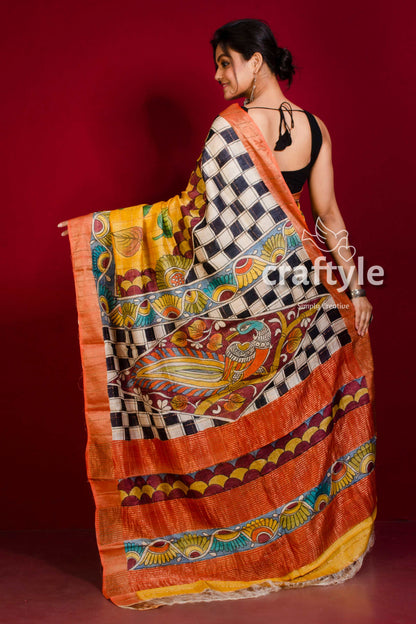 Pure Tussar Kalamkari Saree - Hand Painted with Zari Border in Orange Yellow - Craftyle