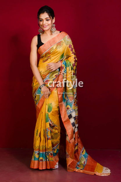 Pure Tussar Kalamkari Saree - Hand Painted with Zari Border in Orange Yellow - Craftyle