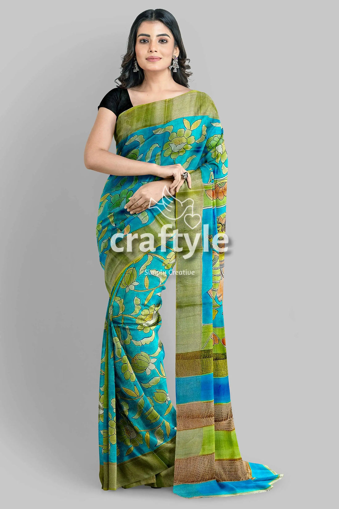 Pure tussar kalamkari saree - handpainted radha krishna design floral patterned blue green saree 2