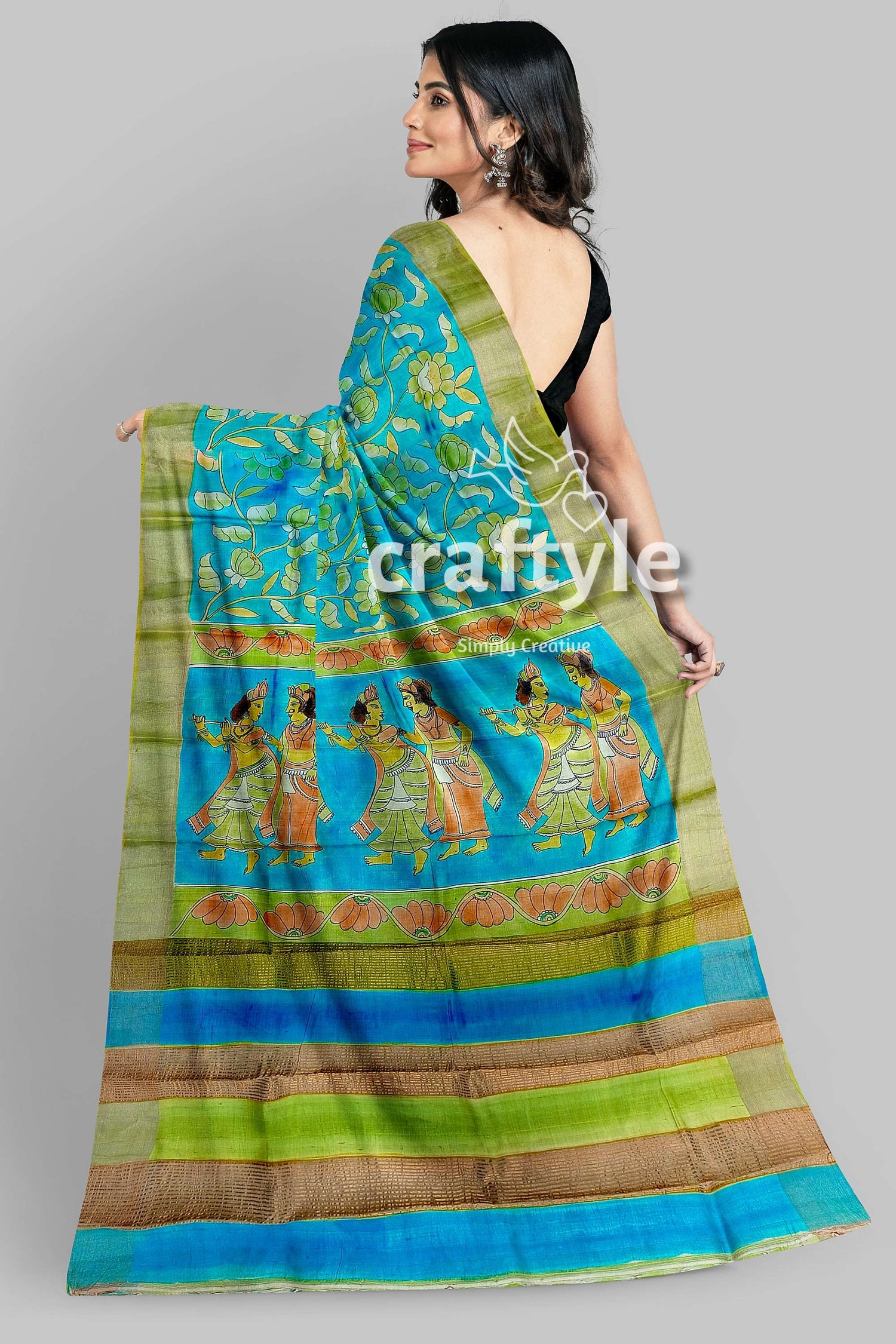 Pure Tussar Kalamkari Saree - Handpainted Radha Krishna Design - Craftyle