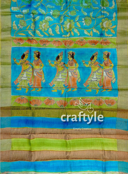 Pure Tussar Kalamkari Saree - Handpainted Radha Krishna Design - Craftyle
