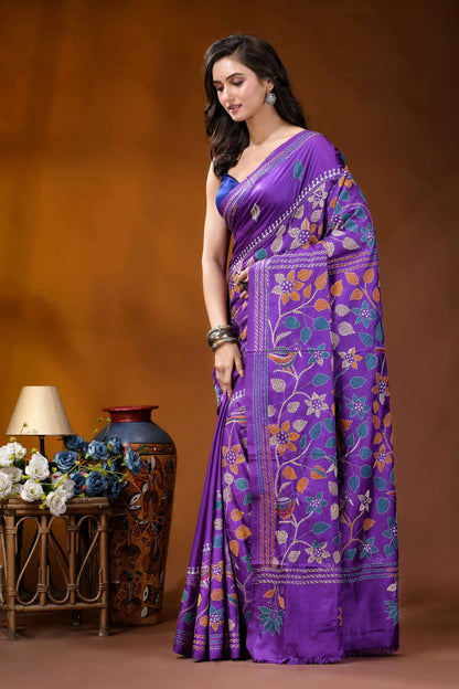 Purple bird motif multicolor hand embroidered kantha silk saree vibrant purple silk saree adorned 3