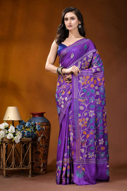 Purple bird motif multicolor hand embroidered kantha silk saree vibrant purple saree intricate floral 2