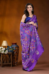 Purple bird motif multicolor hand embroidered kantha silk saree vibrant purple saree intricate floral 4