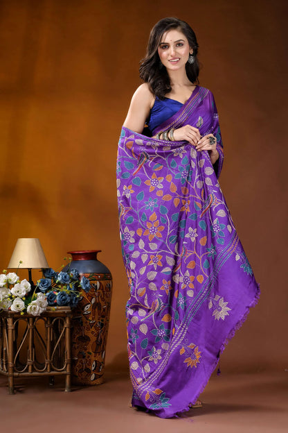Purple bird motif multicolor hand embroidered kantha silk saree vibrant purple saree intricate floral 4