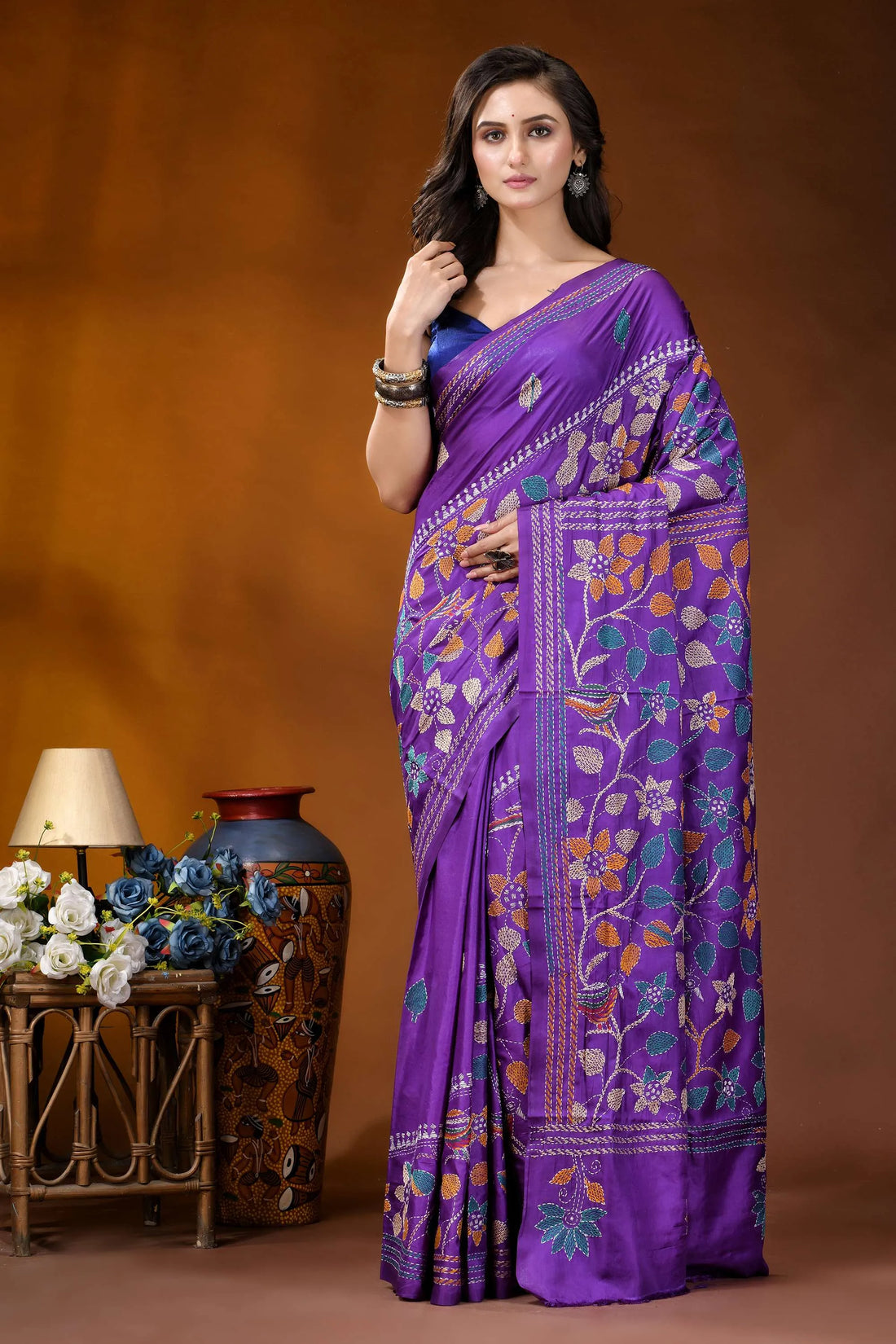Purple bird motif multicolor hand embroidered kantha silk saree vibrant purple silk saree adorned 1