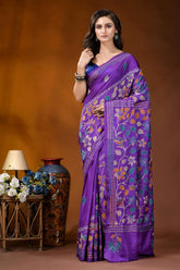 Purple bird motif multicolor hand embroidered kantha silk saree vibrant purple silk saree adorned 1