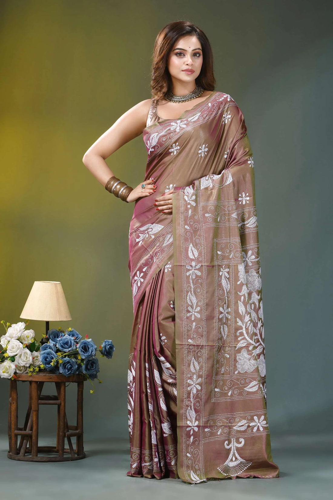 Purple brown dual tone floral handmade silk kantha saree woman wears brown mauve silk 2